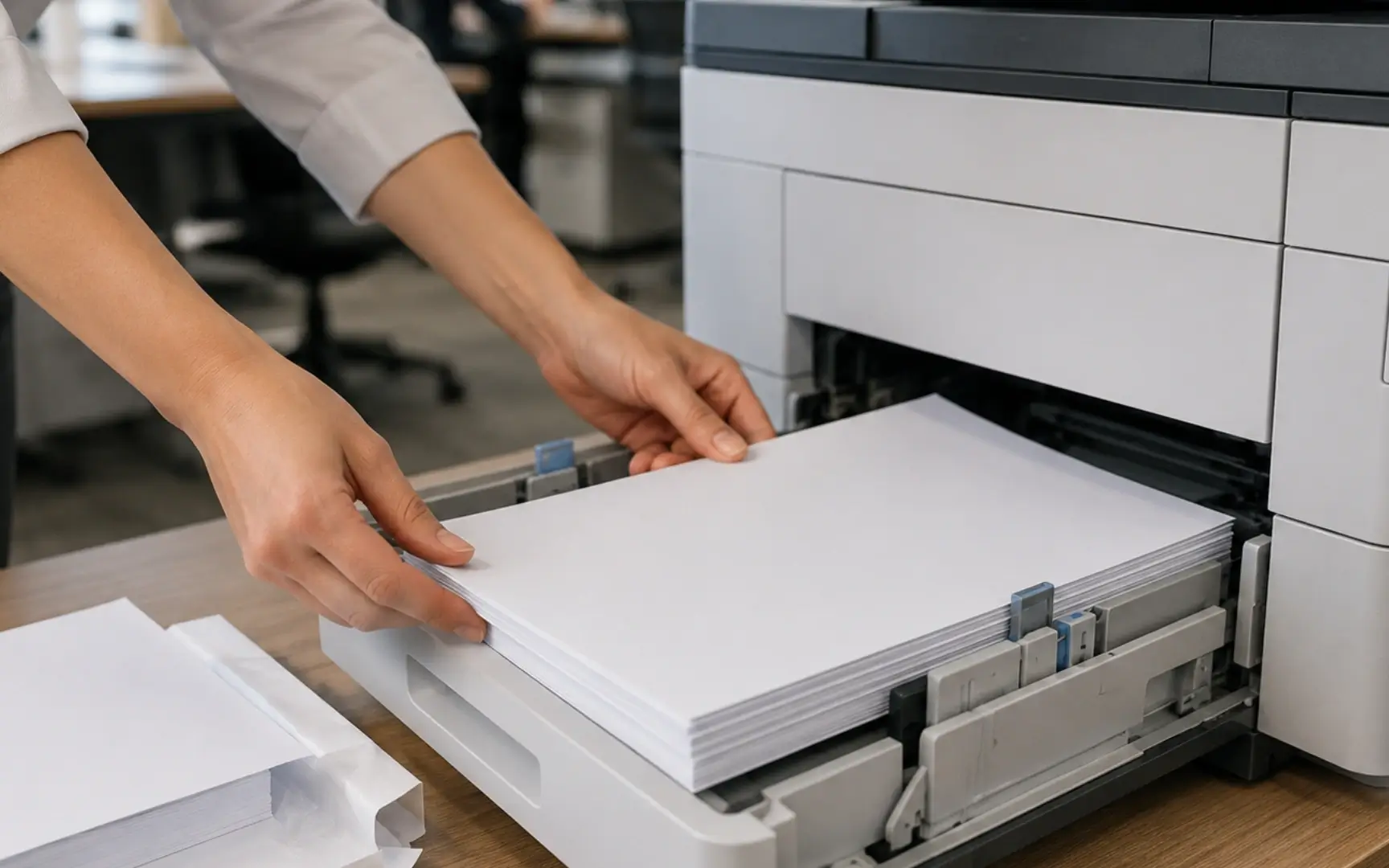 Staff loading A4 paper into office printer tray
