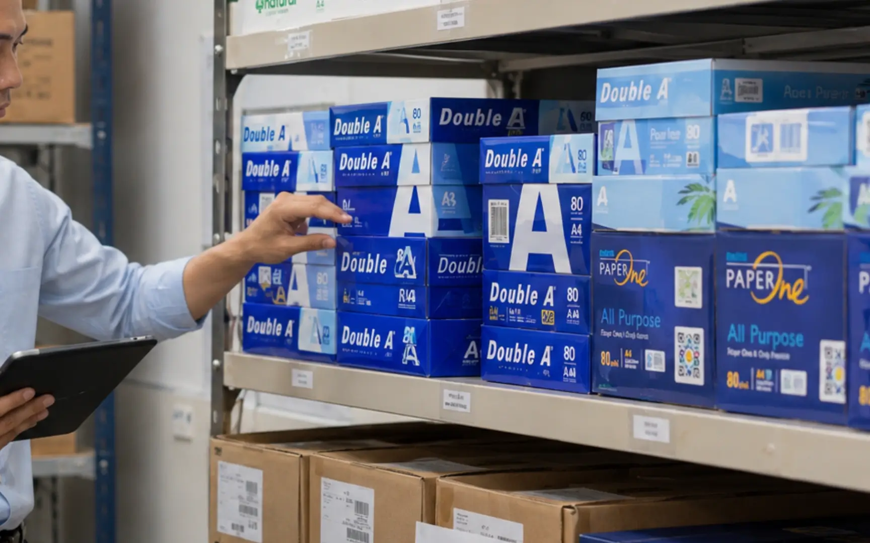 Office supply room with stacked A4 paper inventory