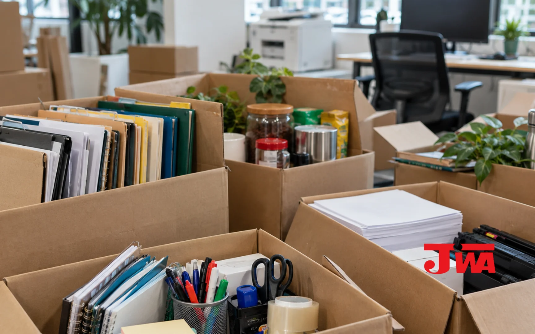 Labelled boxes and office essentials ready for a workplace relocation in Johor Bahru