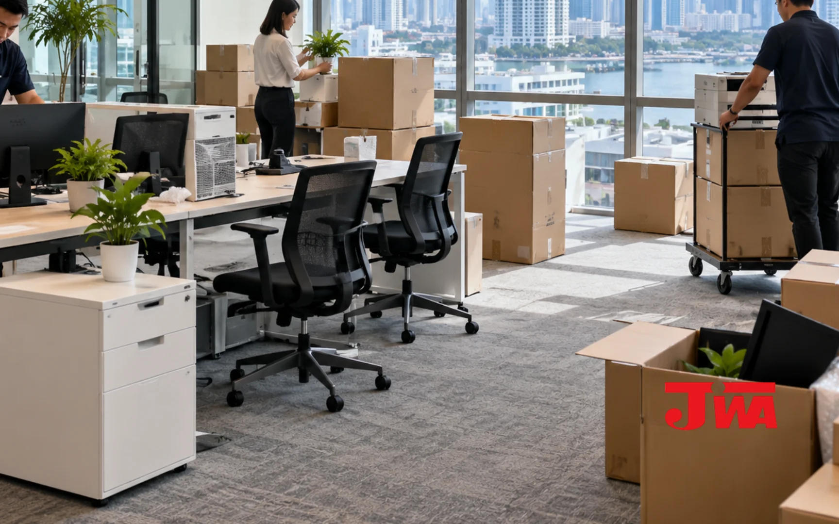 Labelled office stationery boxes and inventory list for office relocation in Johor Bahru