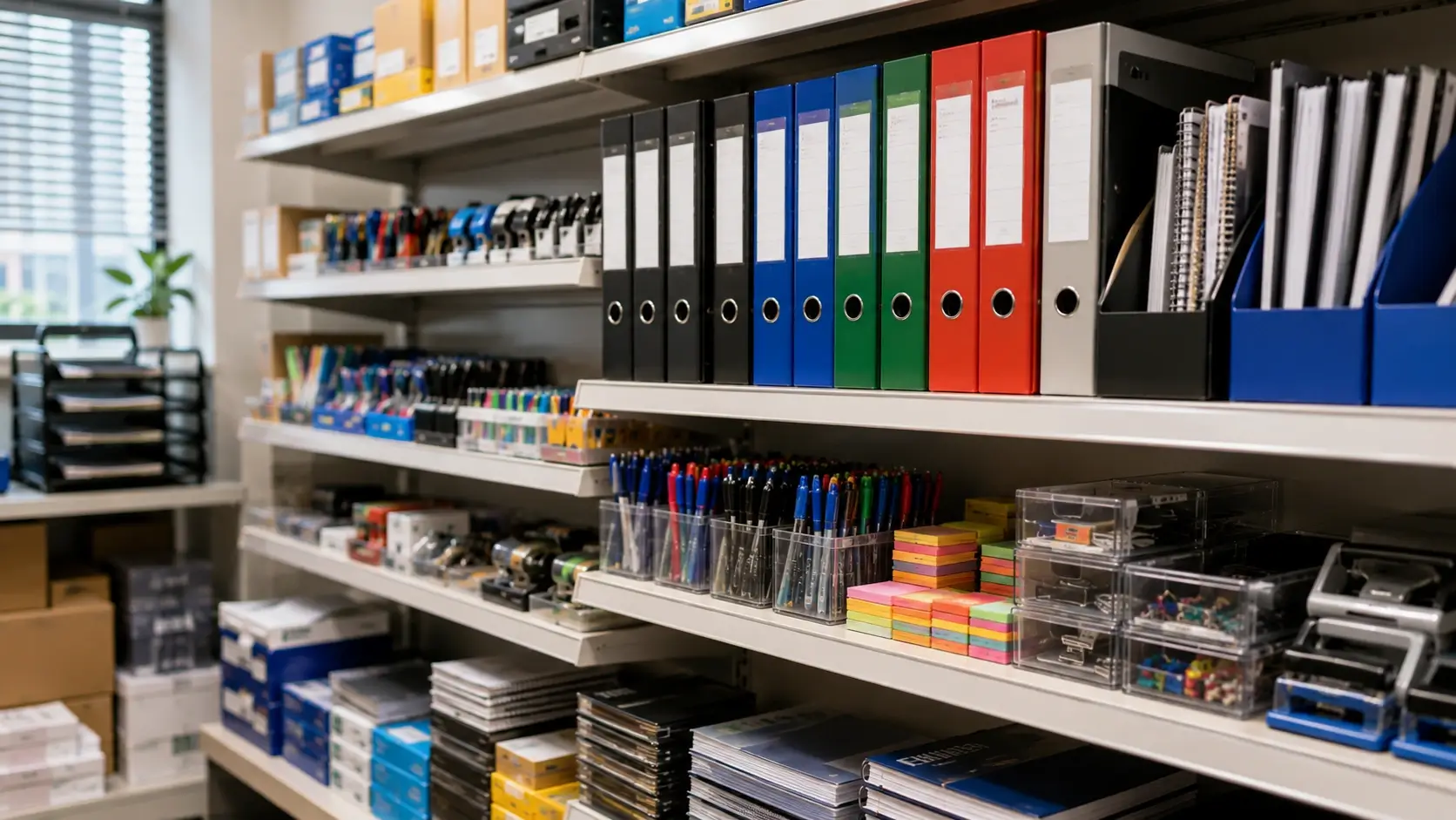 Office supplier Malaysia warehouse shelves with paper files stationery and business supply products ready for delivery