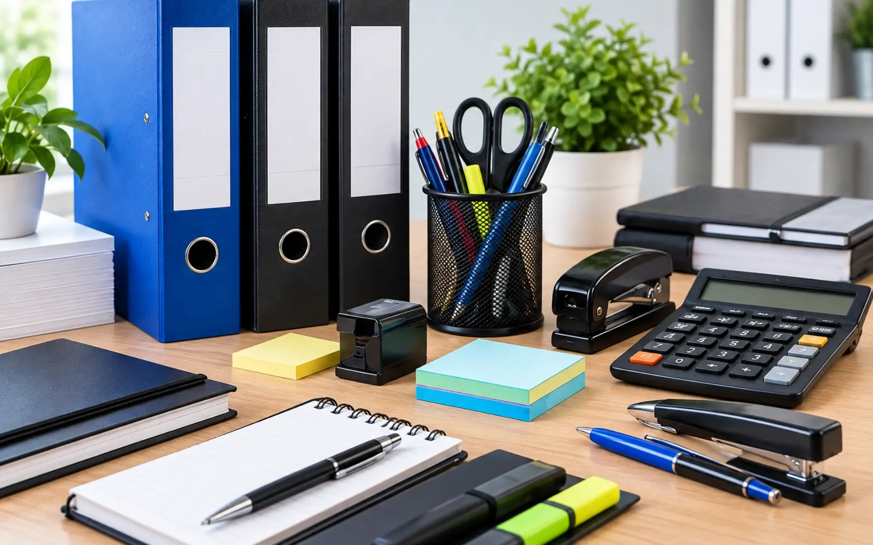 New office setup Malaysia procurement table with A4 paper pens files staplers folders and office supplies
