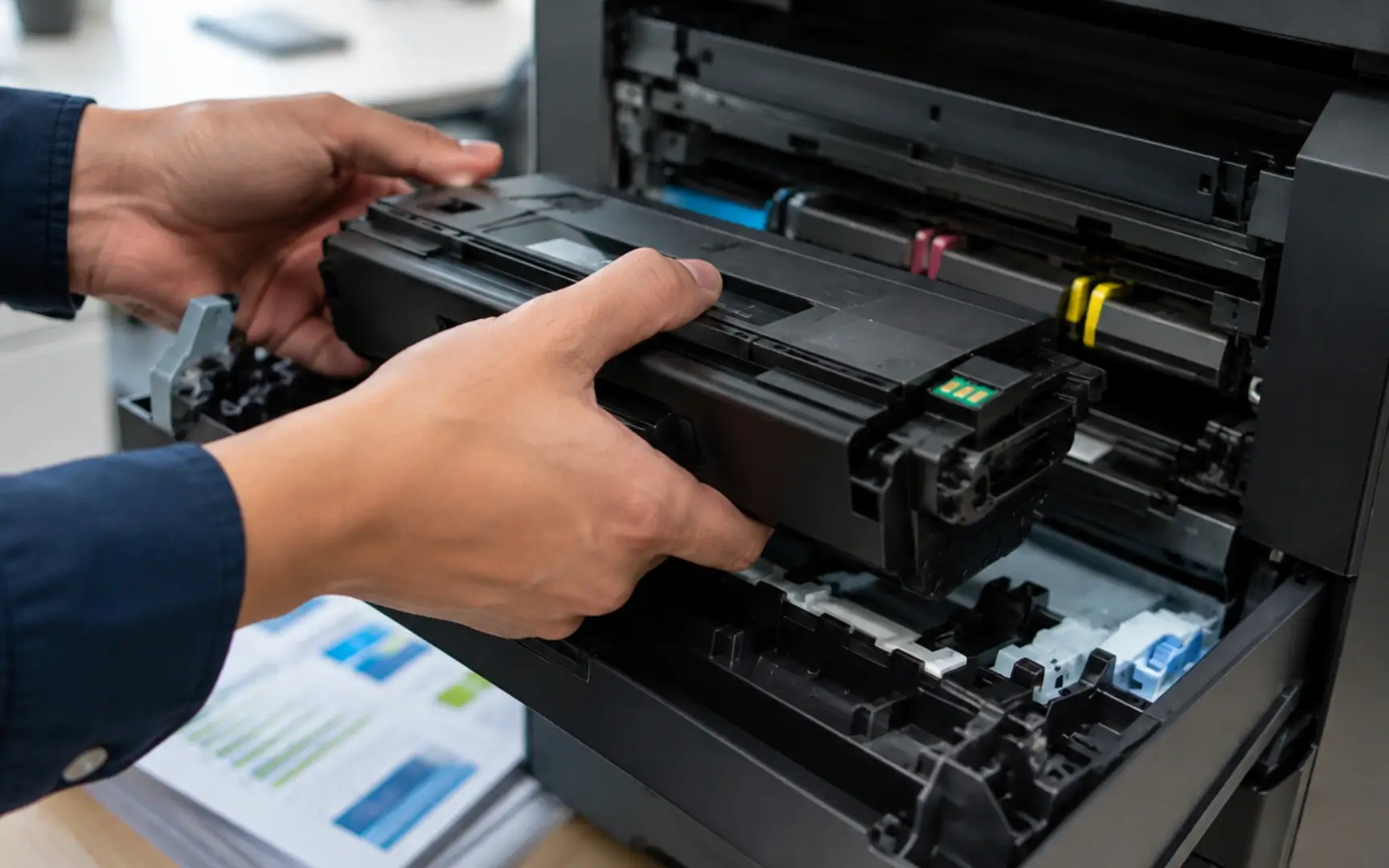 Hands replacing toner cartridge in office laser printer