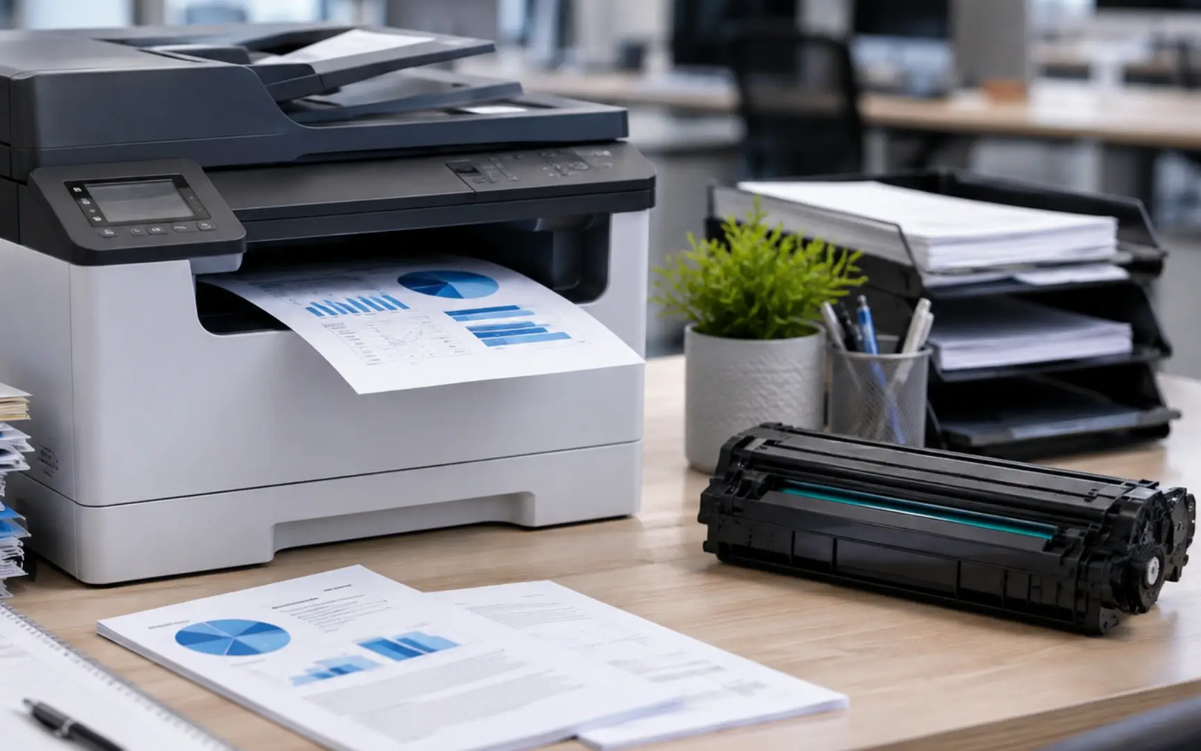 Laser printer with printed reports and toner cartridge on office desk