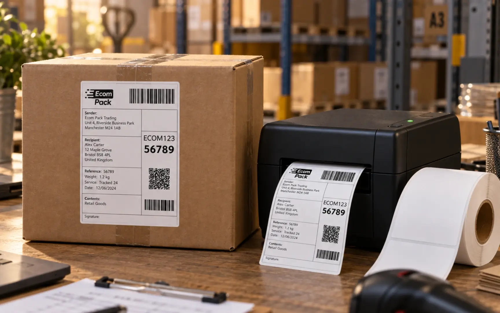 Business packing station with thermal label printer parcels and 100x150mm shipping labels