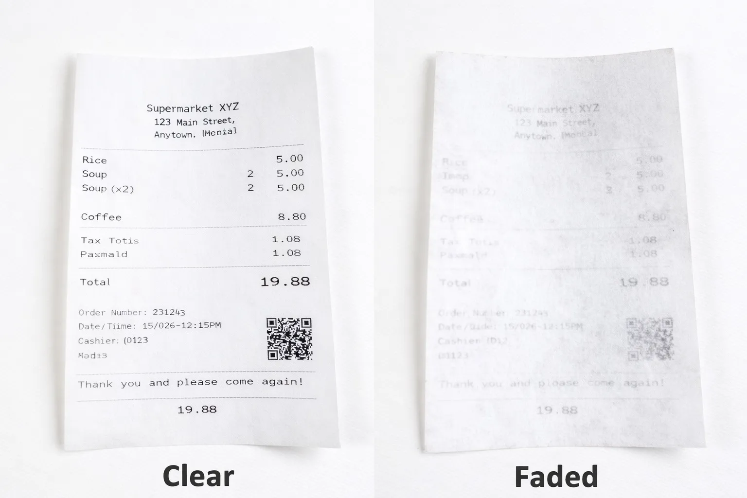 Faded thermal receipt paper example and proper storage of POS paper rolls in Malaysia