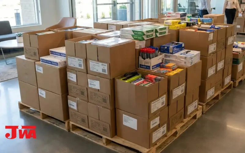 Office stationery supplier setup in Malaysia with files printing paper pens and desk supplies for company restocking